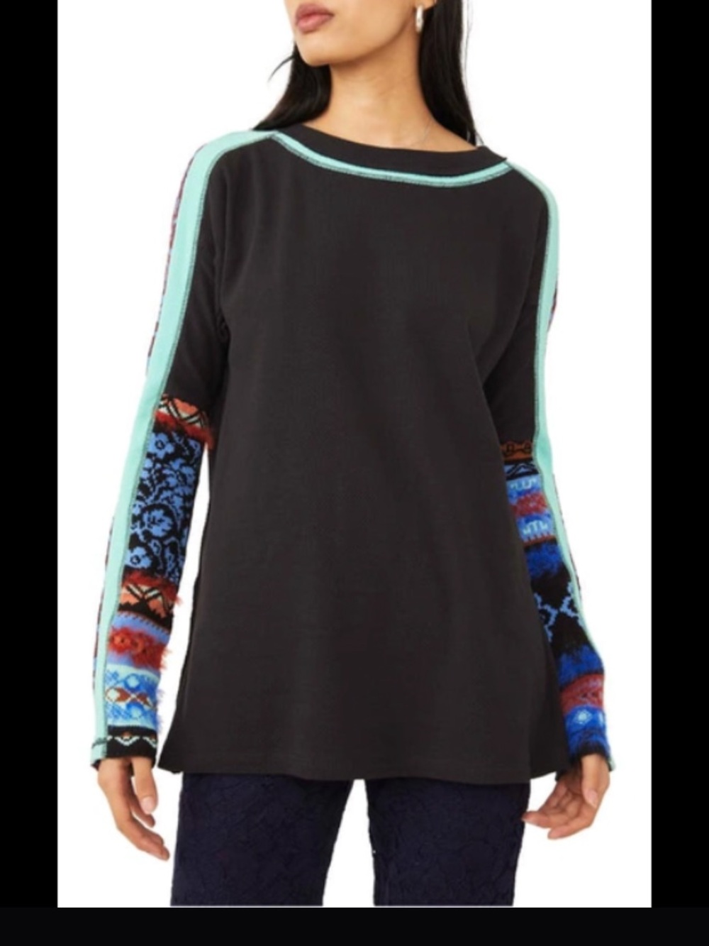 Free People Black Thermal with Mint Trim and Multicolor Patterned Sleeves